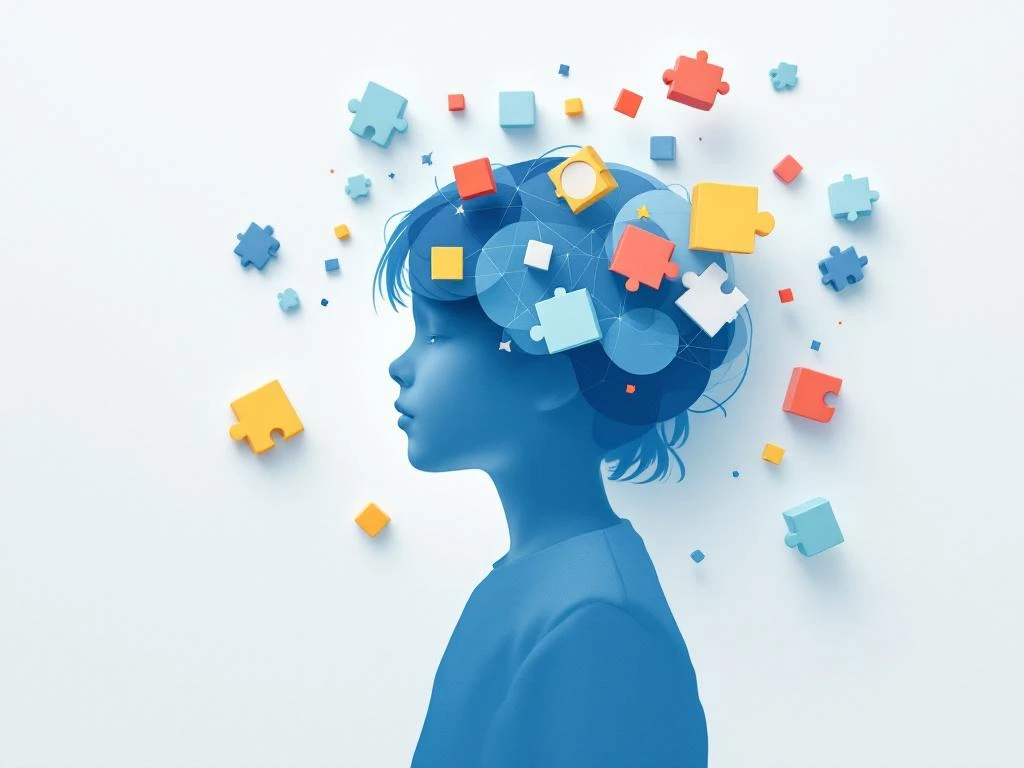 Kind silhouet in blauw omringd door hersenpictogrammen en puzzelstukjes op witte achtergrond met zachte schaduwen