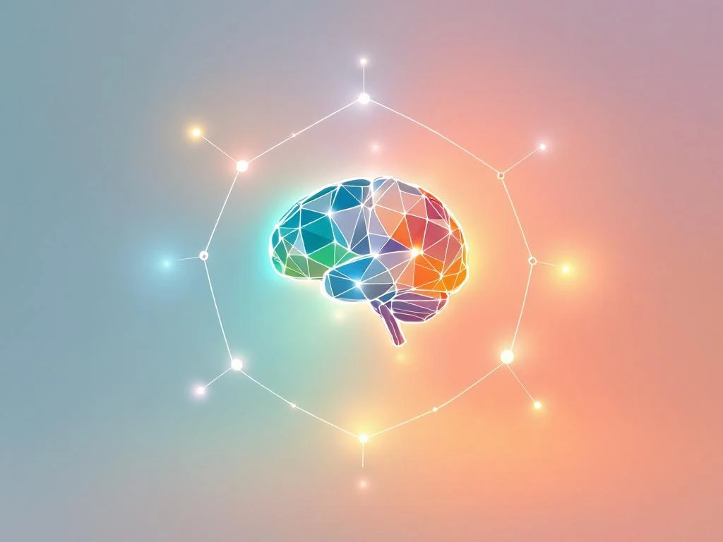 Zeven onderling verbonden hersenknooppunten in circulair patroon met zachte blauwe, groene en oranje kleuren voor cognitief leren.