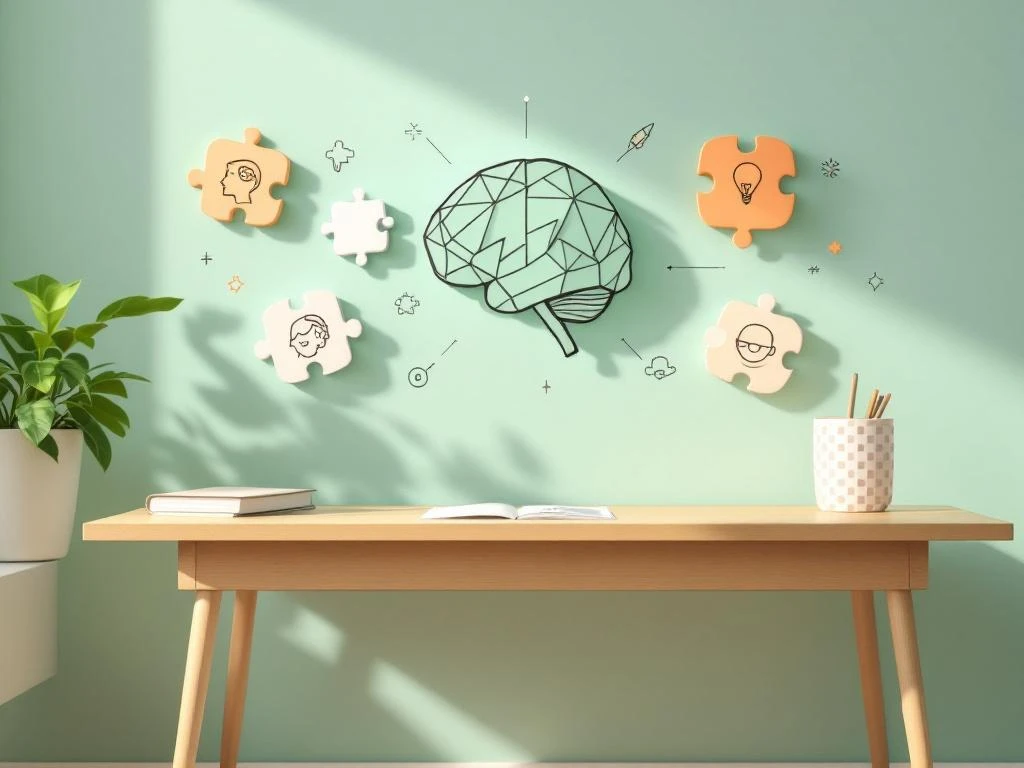 Minimalistisch klaslokaal met zwevende hersenpuzzelstukjes en educatieve iconen in zachte pasteltinten