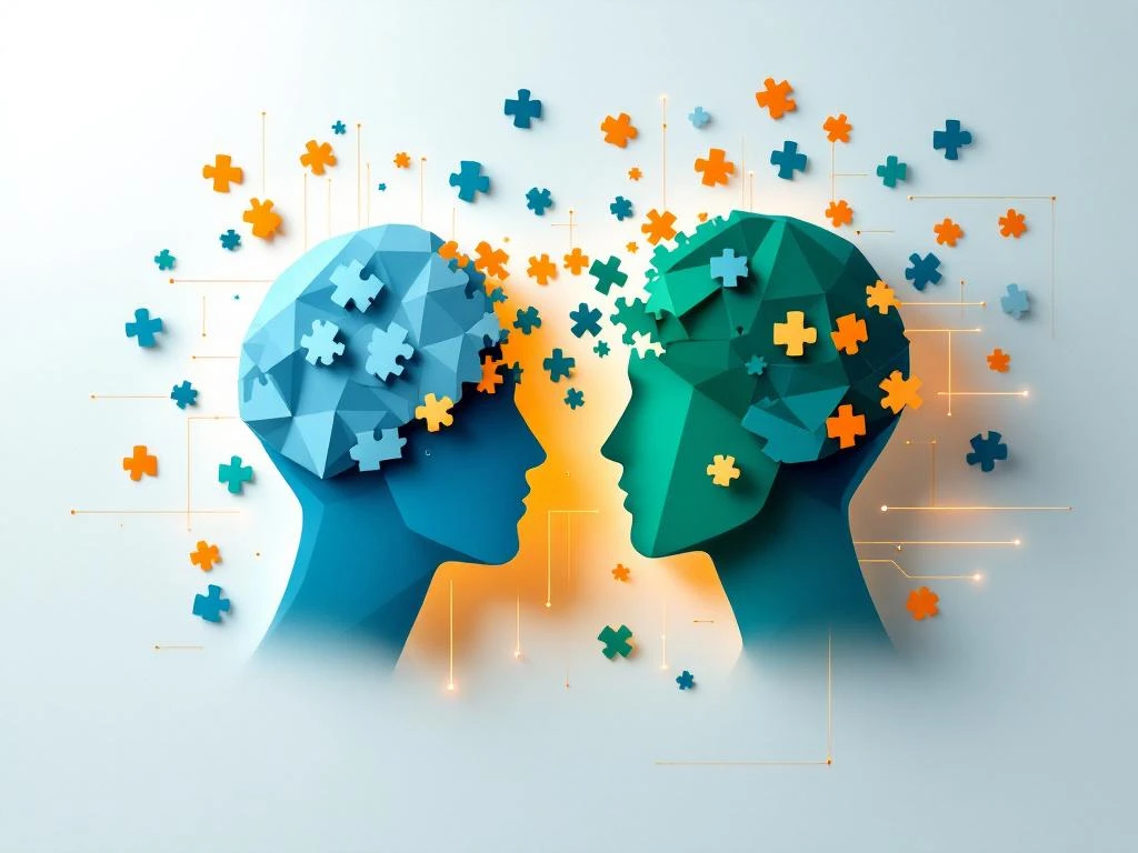 Twee abstracte hersenen in blauw-groene tinten, één compleet en één met zwevende puzzelstukjes op witte achtergrond