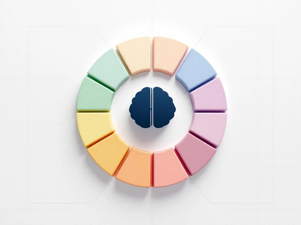 Circulair diagram met 12 pastelkleurige segmenten rond een donkerblauwe hersensilhouet op witte achtergrond