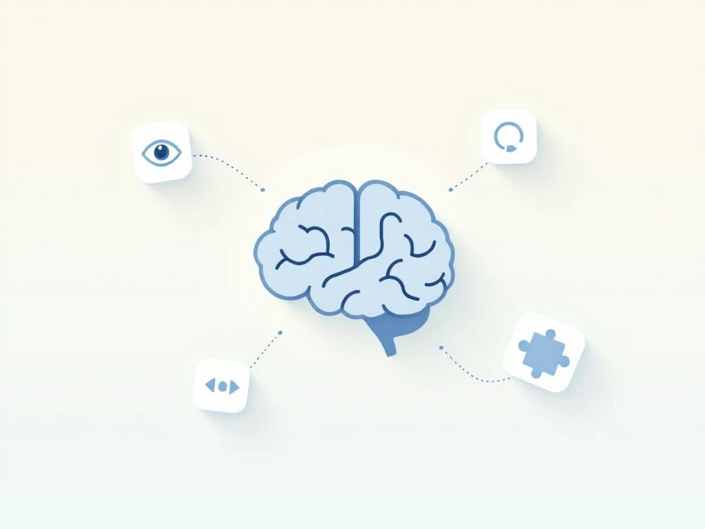 Hersensymbool omringd door vier pictogrammen voor aandacht, impulscontrole, werkgeheugen en probleemoplossing op kalme achtergrond