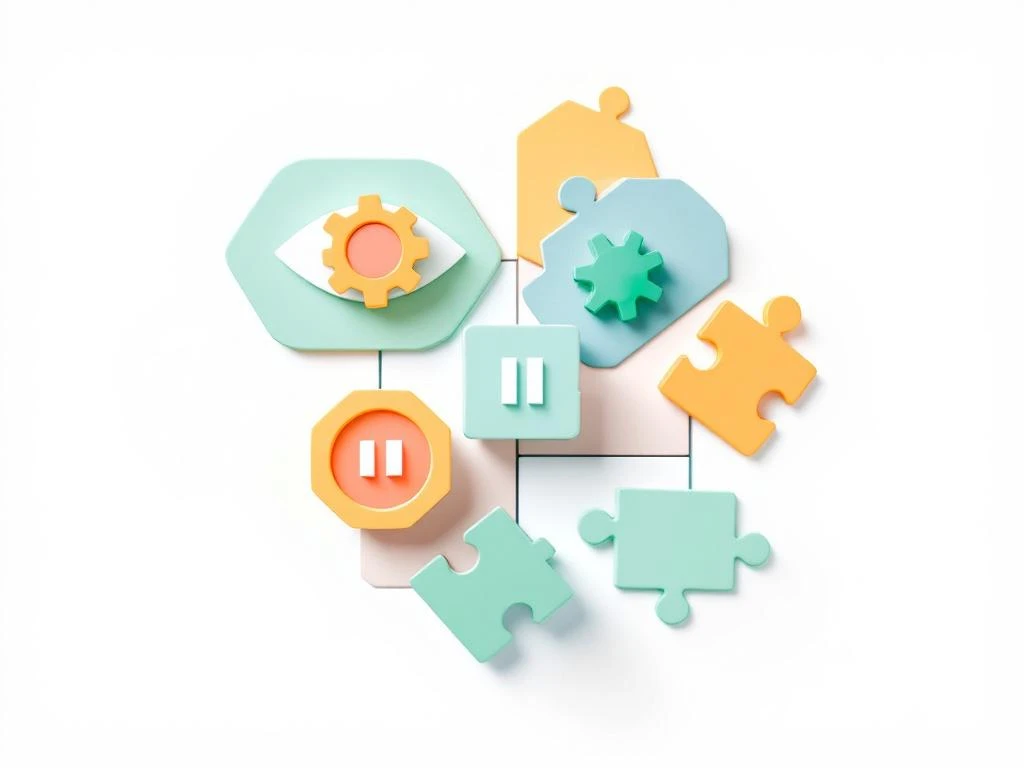 Vier abstracte hersenfunctie symbolen in pastelkleuren: oog, tandwielen, pauzeknop en puzzelstukjes in minimalistisch raster