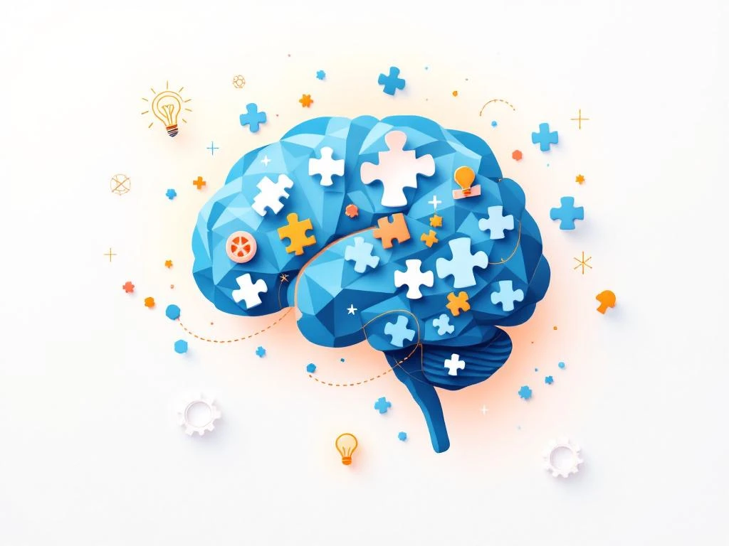 Gestileerde blauwe hersenen met zwevende puzzelstukjes, gloeilampen en tandwielen op witte achtergrond voor onderwijs