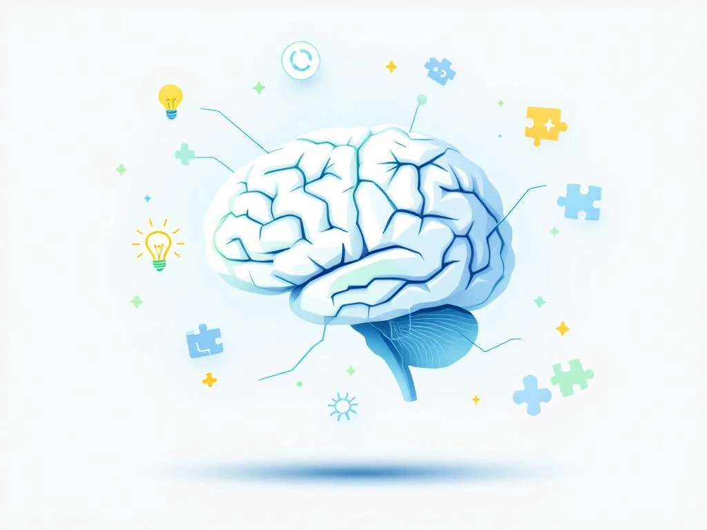 Minimalistisch brein met geometrische vormen, neurale verbindingen en cognitieve functie-iconen in blauw-groen tinten