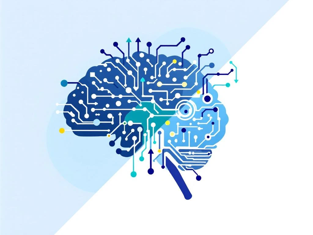 Gestileerde hersenen met geometrische circuits in zachte blauwe en groene tinten op witte achtergrond voor kinderen