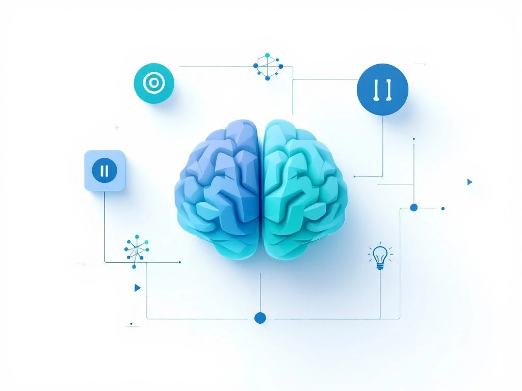 Hersenssilhouet in blauw-groene tinten omringd door vier pictogrammen voor cognitieve functies op witte achtergrond
