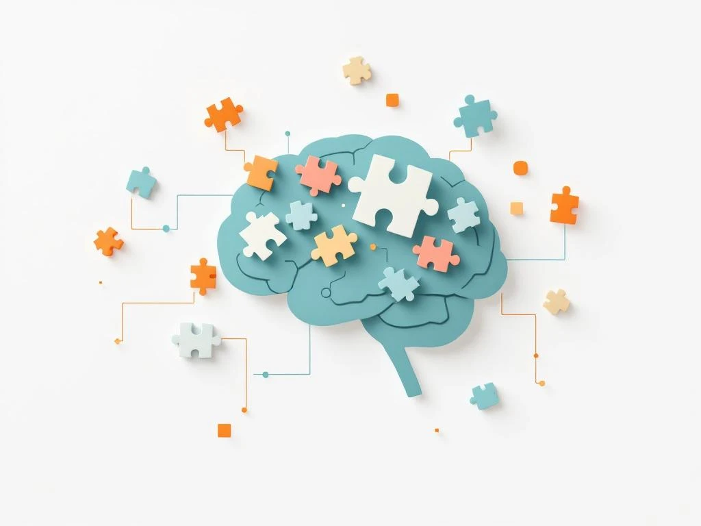 Hersenschets in zachte kleuren met zwevende puzzelstukjes en onderbroken hersenpaden die cognitieve uitdagingen voorstellen