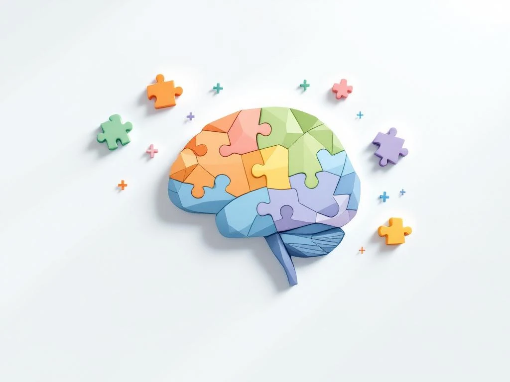 Geometrische hersenen in zachte blauwtinten met vier gekleurde secties en zwevende puzzelstukjes op witte achtergrond