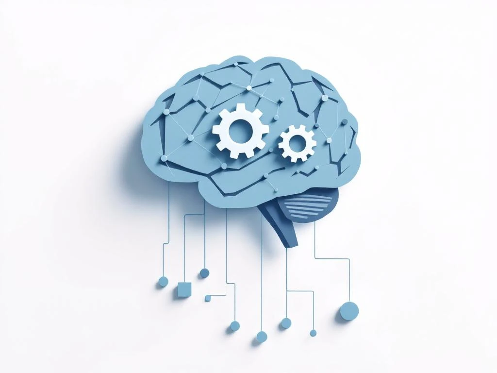 Hersenschema in blauwgrijze tinten met tandwielen in één hersenhelft, verbonden met abstracte vormen via lijnen