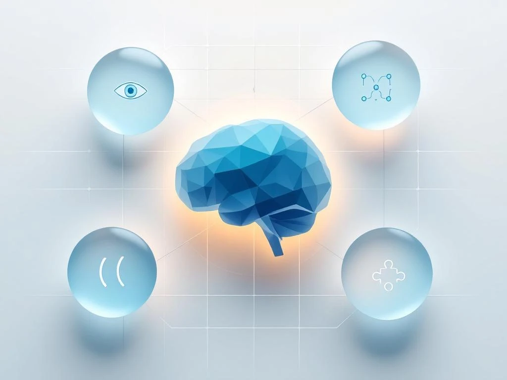 Geometrische hersenvorm in blauw met vier cirkels met iconen voor aandacht, impulscontrole, geheugen en probleemoplossing