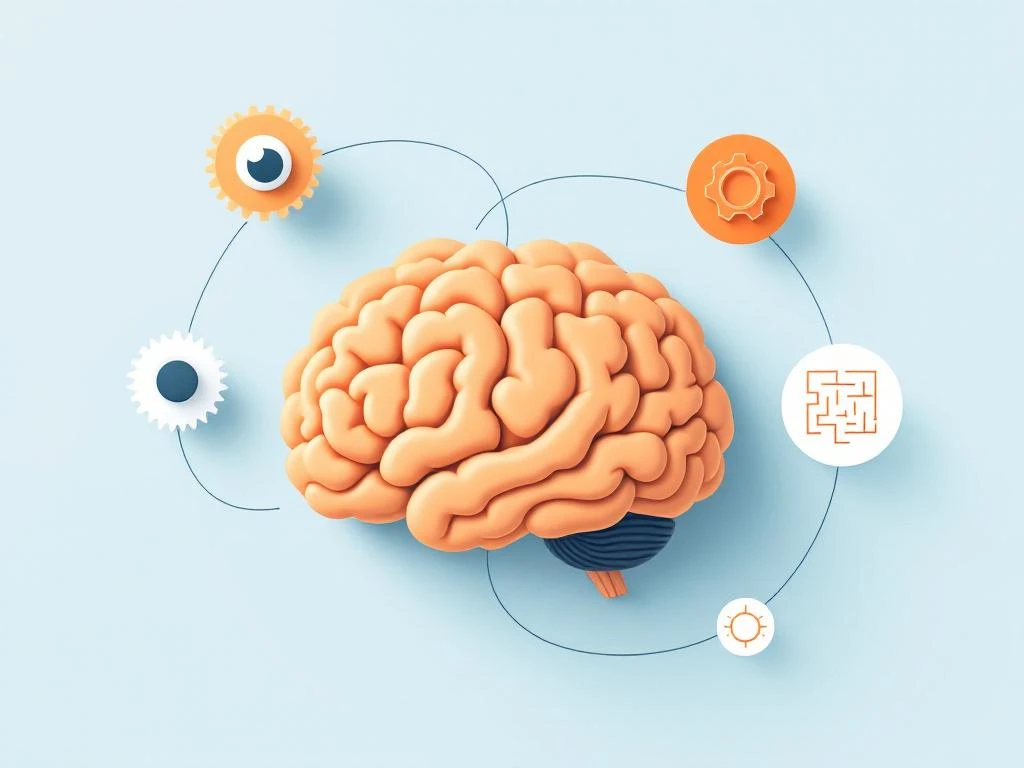 Minimalistische hersenillustratie met prefrontale cortex in oranje en symbolen voor executieve functies in zachte kleuren