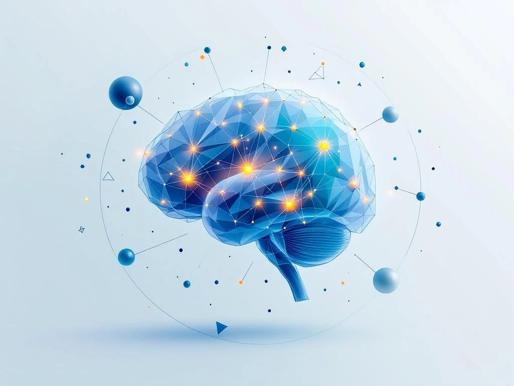 Minimalistisch hersenmodel met geometrische lijnen in blauw-turquoise tinten en gloeiende neurale verbindingen