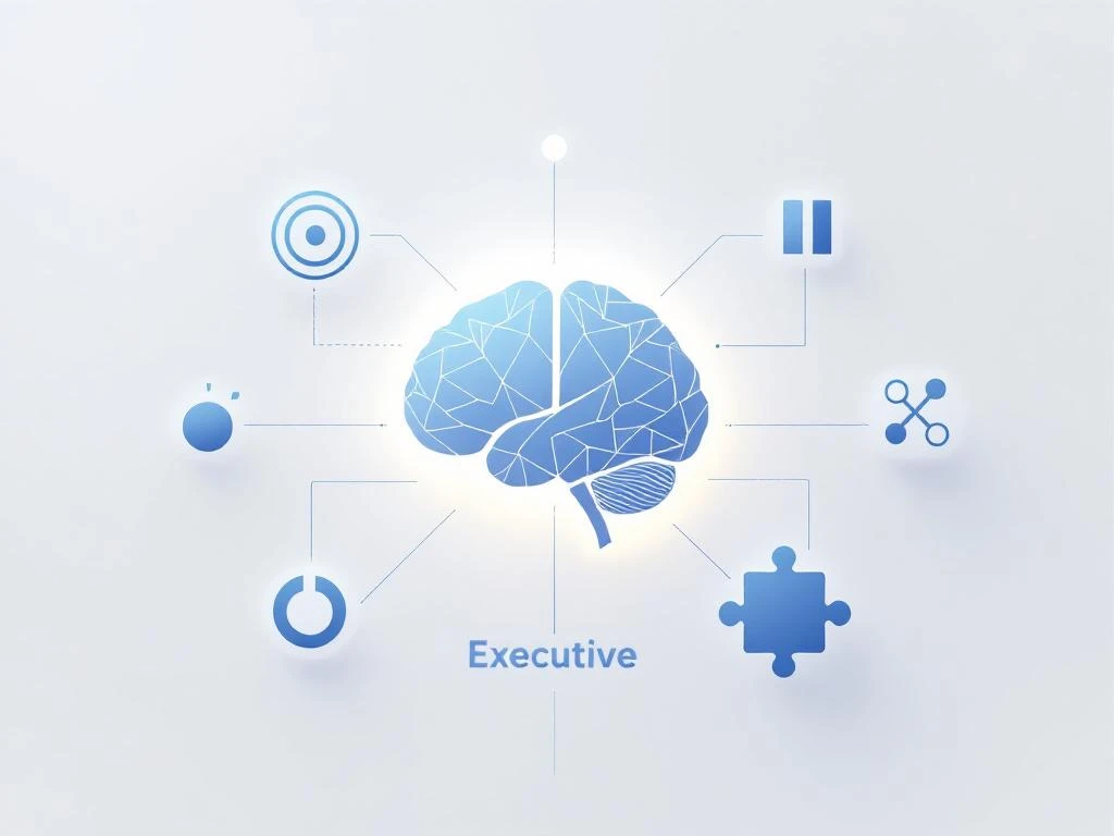 Hersensymbool omringd door vier pictogrammen voor executieve functies: doel, pauzeknop, verbonden punten en puzzelstuk