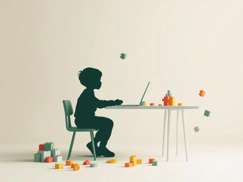 Kind silhouet zit aan bureau met kleurrijke bouwblokken en puzzelstukjes, geometrische vormen op achtergrond