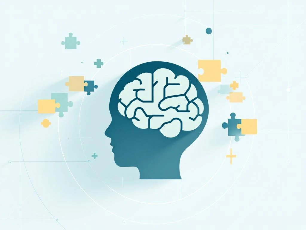 Gestileerde hersenen in blauwgrijze tinten met zwevende geheugenbouwstenen, sommige vervaagd, op witte achtergrond