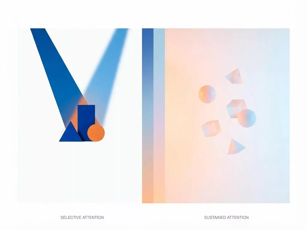 Gesplitste compositie met scherpe spotlight links en zachte gloed rechts, geometrische vormen illustreren cognitieve aandacht