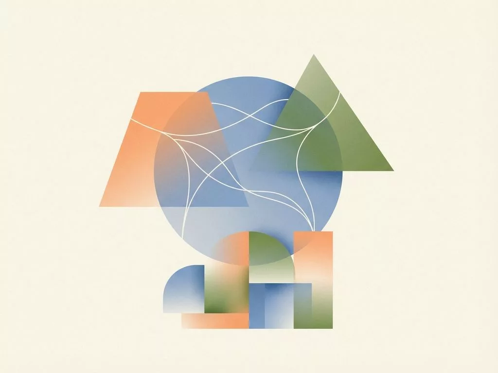 Abstracte geometrische vormen in zachte kleuren die aandachtstypes en cognitieve processen symboliseren voor educatie