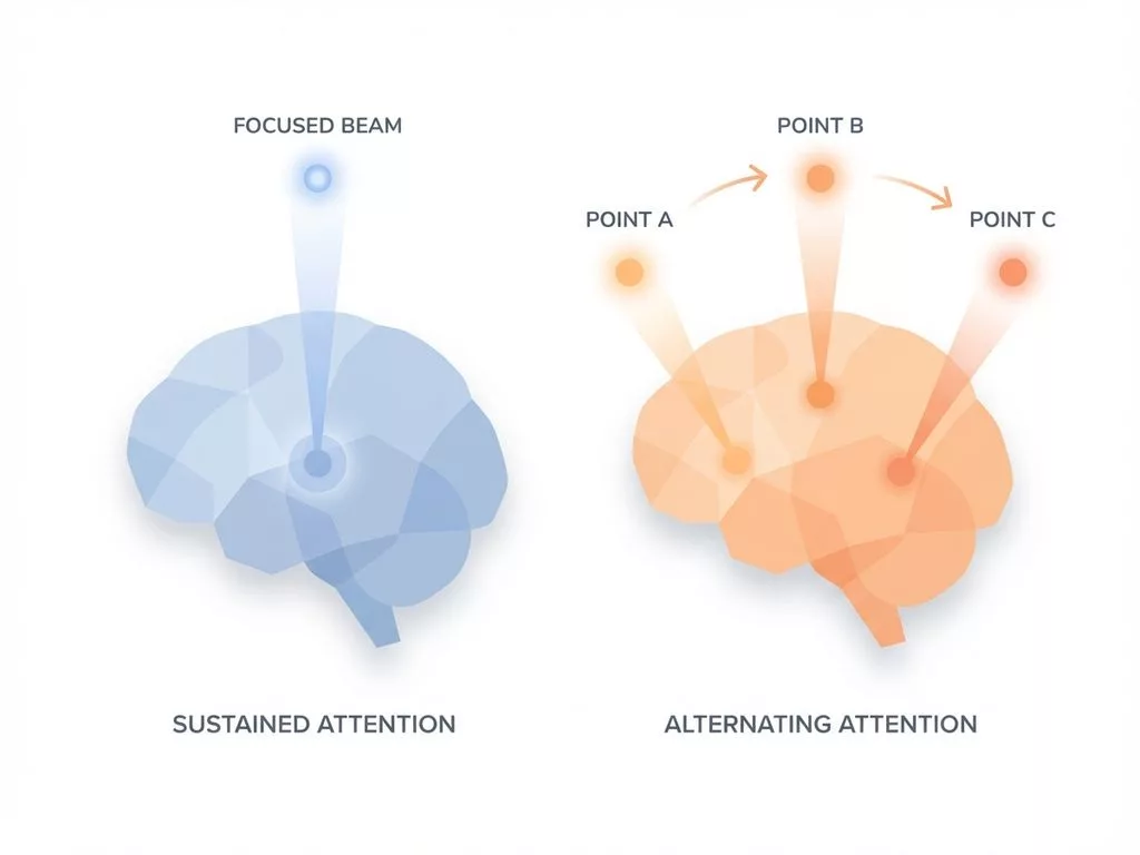 Twee abstracte hersenen illustreren aandachtstypen: gefocuste versus wisselende aandacht met lichtstralen
