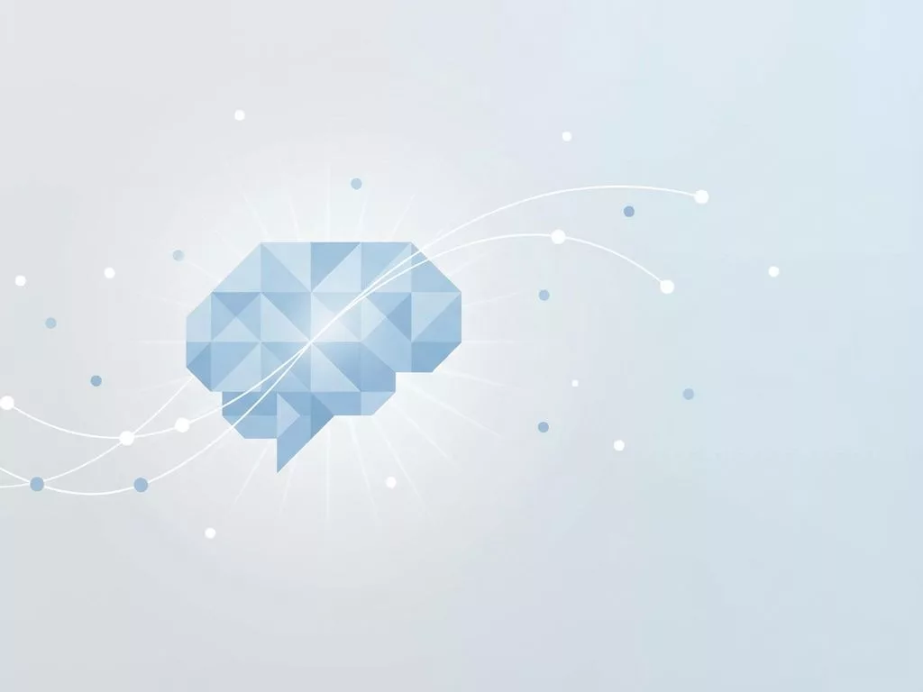 Geometrisch hersensilhouet in blauwtinten met verspreide stippen en lichtstralen die aandachtsproblemen symboliseren