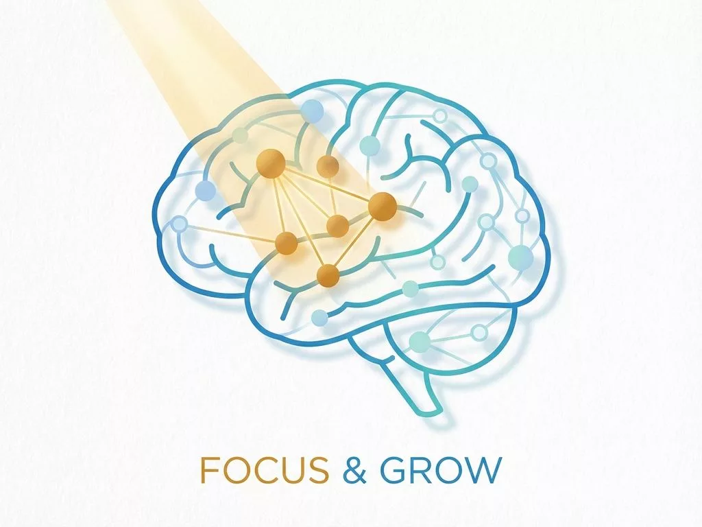 Minimalistisch hersensilhouet met geometrische lijnen in blauw en goudkleurige spotlight voor kinderen leerinhoud