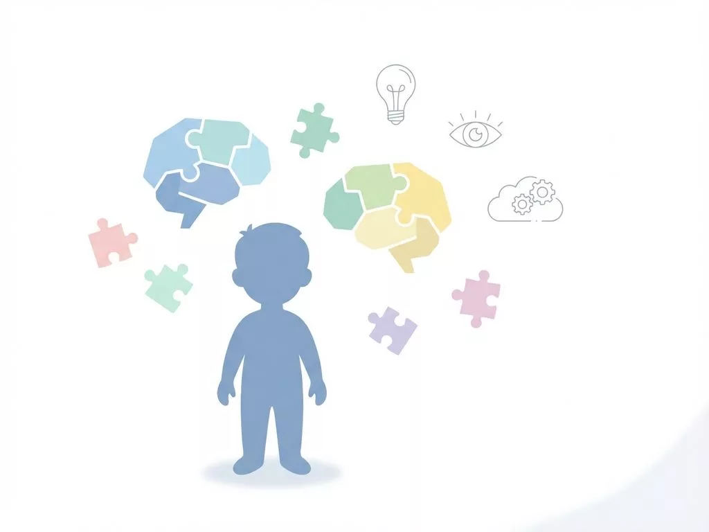 Kind silhouet in zachte blauwtinten omringd door hersenvormige elementen en puzzelstukjes op witte achtergrond
