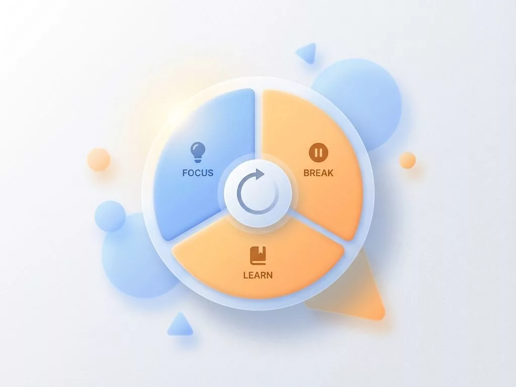 Minimalistische educatieve klok met geometrische segmenten in zachte blauwe en oranje tinten voor leersessies