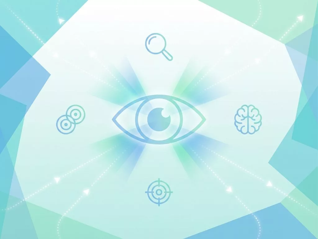 Groot doorschijnend oogsymbool met geometrische lichtstralen in blauw en groen, omringd door focus-iconen op kalme verloop