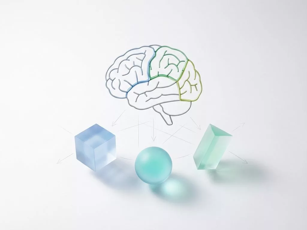 Minimalistische hersenvormige puzzel met drijvende geheugenblokken in blauwe en groene tinten op witte achtergrond