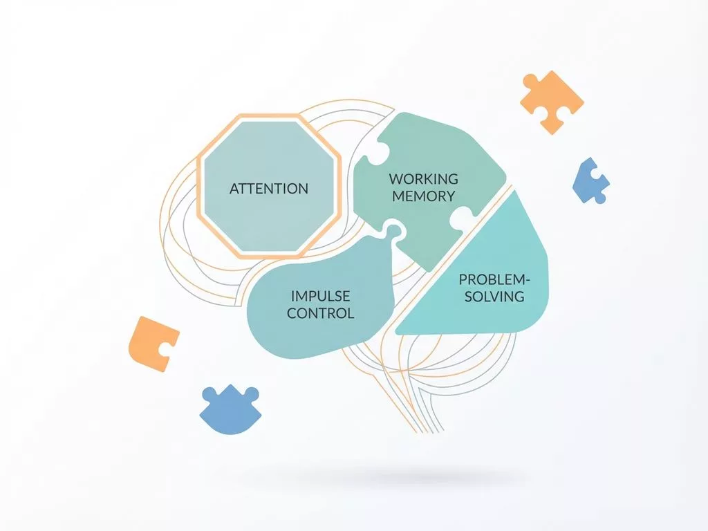 Minimalistische hersenillustratie met vier gekleurde secties voor cognitieve vaardigheden en abstracte puzzelstukjes