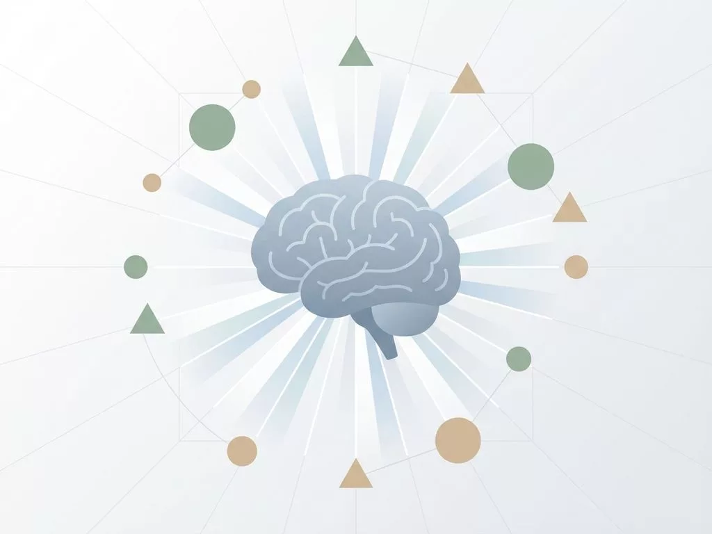 Gestileerde hersenen in blauwgrijs met lichtstralen en zwevende geometrische vormen op witte achtergrond