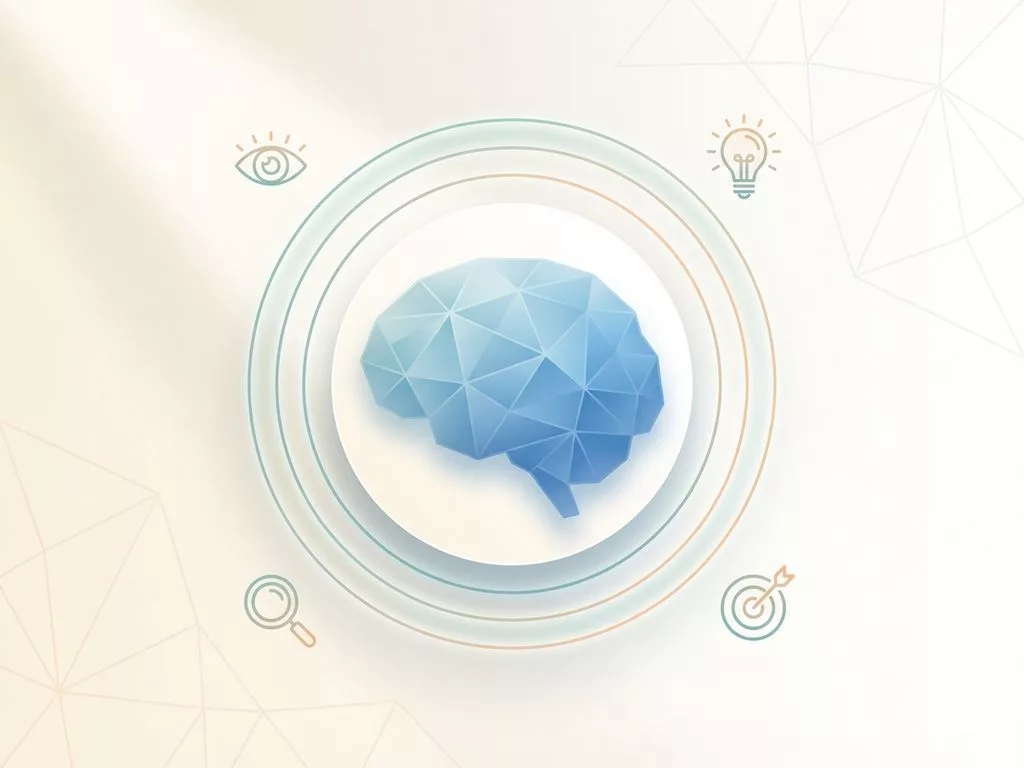 Geometrische hersenen in blauwe kleurverloop omringd door oog-, lamp- en doeliconen op cr&egrave;me achtergrond