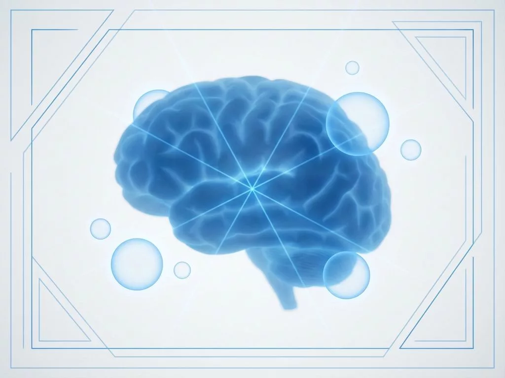 Gloeiend blauw brein silhouet met geometrische lichtstralen en zwevende cirkels op witte achtergrond voor cognitieve ontwikkeling