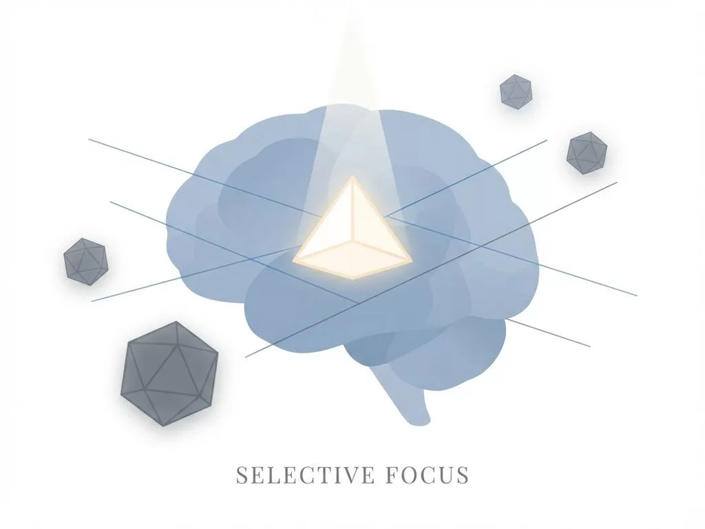 Transparante hersenen silhouet in blauw met verlichte geometrische vorm, illustreert selectieve aandacht en focus concepten