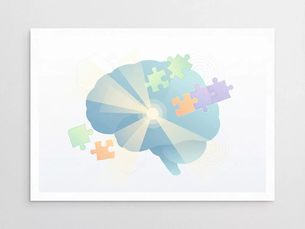 Gestileerd brein in zachte blauwtinten met lichtstralen en zwevende puzzelstukjes in pastelkleuren op witte achtergrond