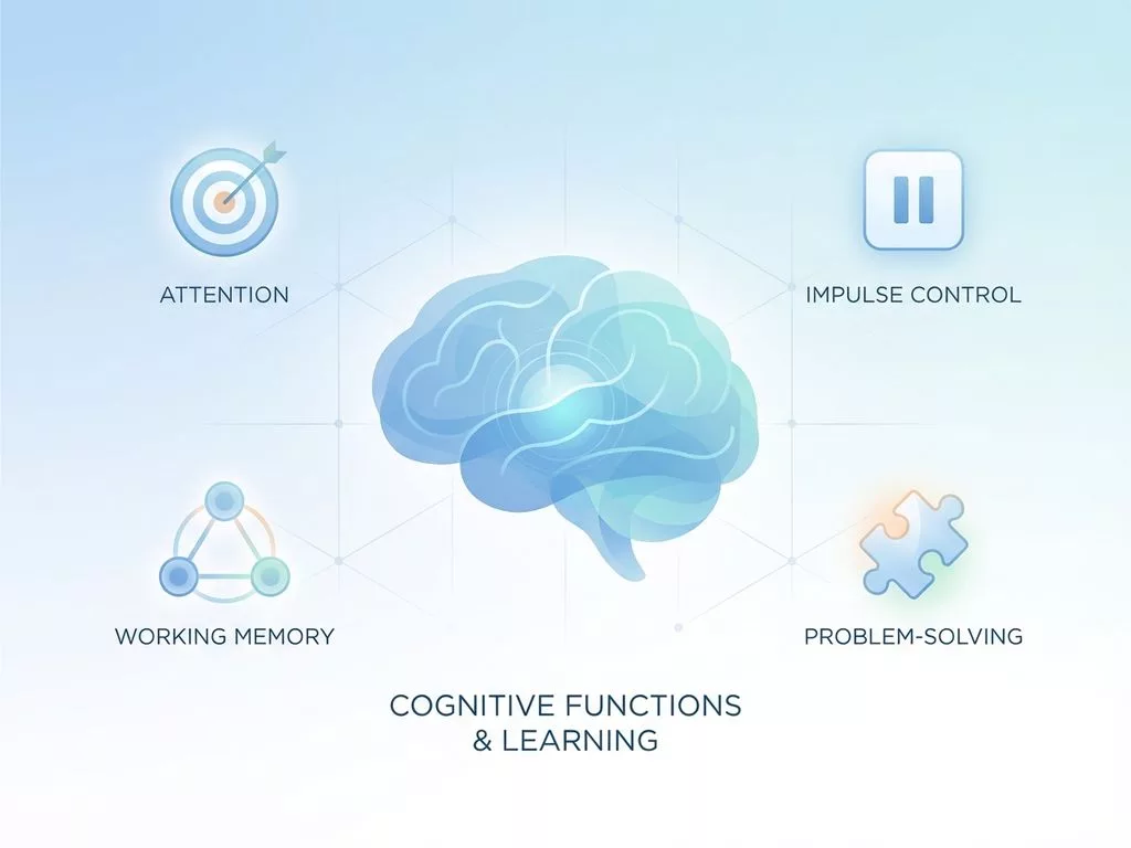 Hersensymbool omringd door vier pictogrammen voor aandacht, impulscontrole, werkgeheugen en probleemoplossing op blauwe achtergrond