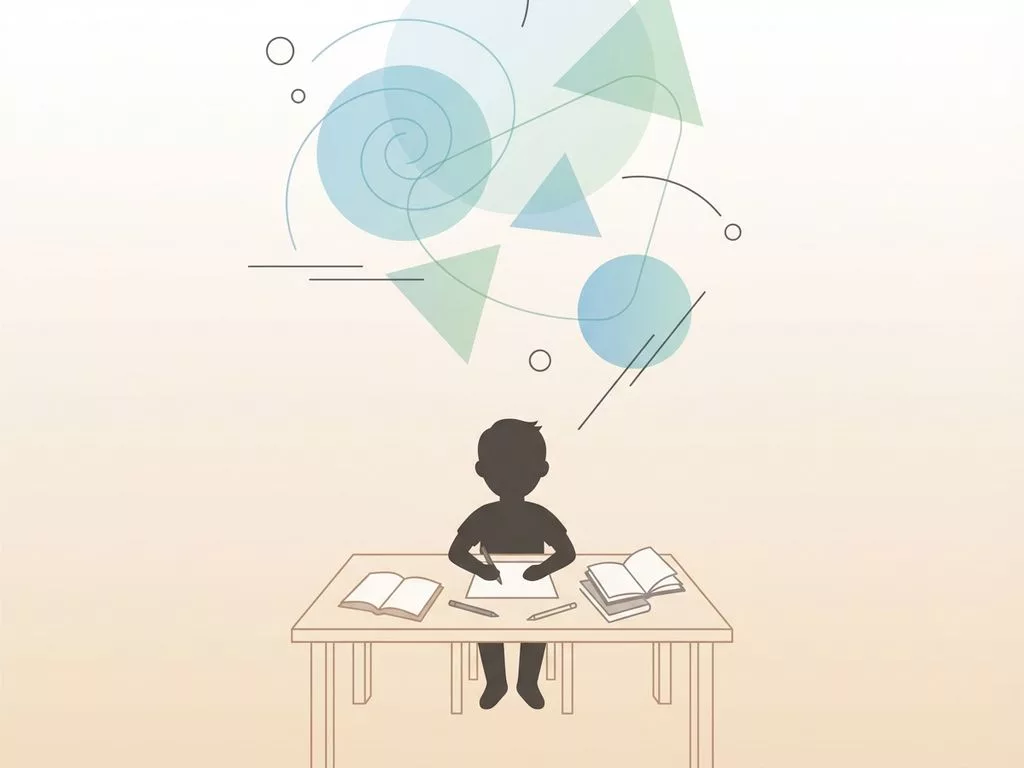 Kind silhouet aan bureau met leermateriaal en zwevende geometrische vormen die concentratieproblemen voorstellen