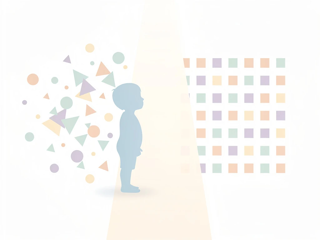 Kind silhouet in blauw met geometrische vormen die van chaotisch naar georganiseerd veranderen, spotlight toont focus pad