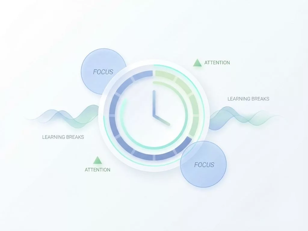Gestileerde klok met blauwe en groene tinten, omringd door geometrische vormen die hersenfuncties symboliseren op witte achtergrond