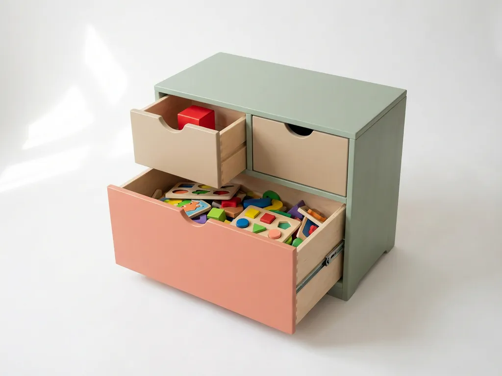 Houten speelgoedkist voor kinderen met twee laden, rode blok in bovenste lade en kleurrijke bouwblokken in onderste lade