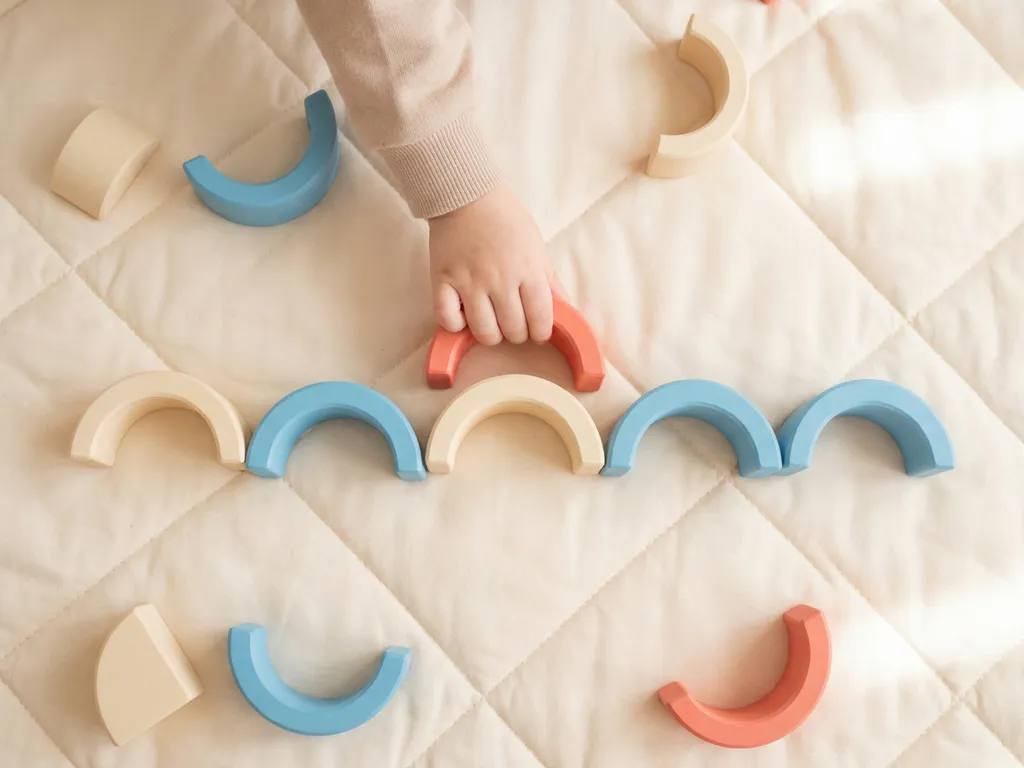 Klein kinderhands plaatst een kleurrijke houten blok in een herhalend patroon op een pastelkleurig speelkleed.