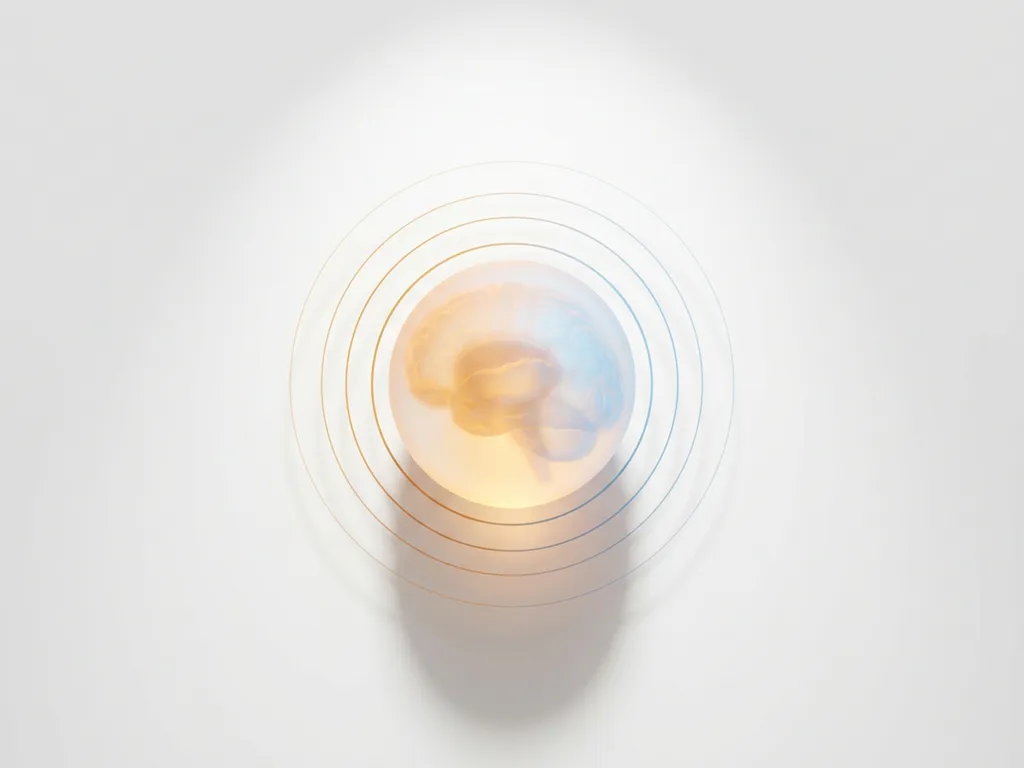 Gloeiende doorsnede van een kinderbrein als lichtgevende bol met geometrische ringen in amber en lichtblauw tinten.