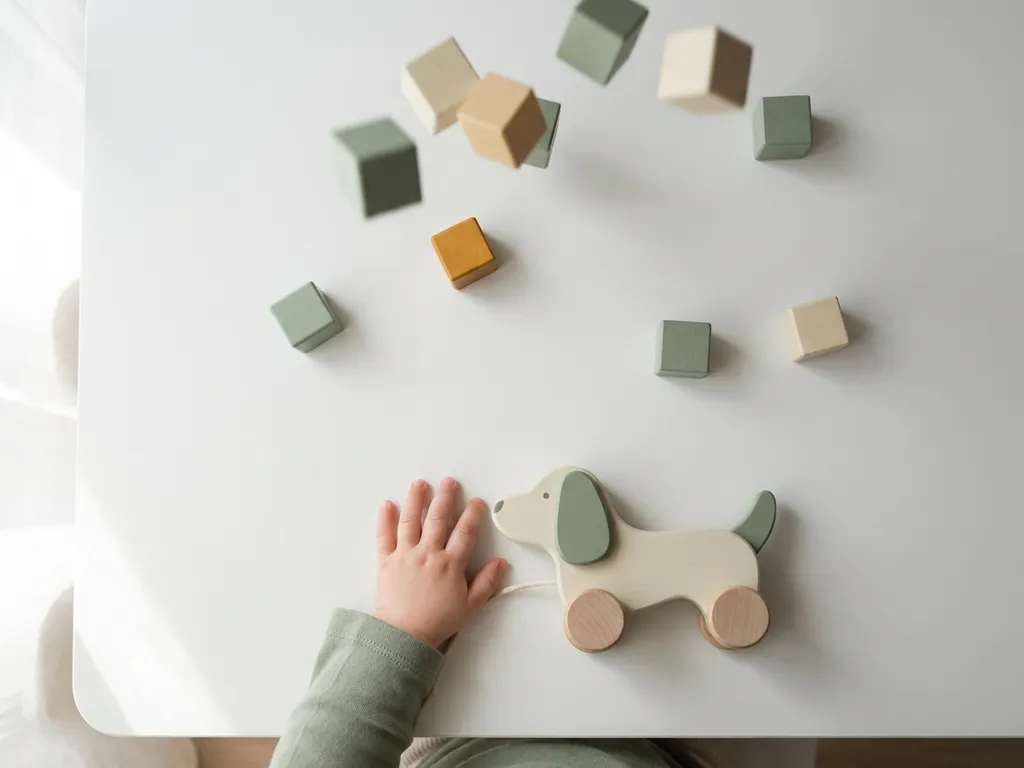 Klein kinderhands naast een houten speelgoed met gekleurde blokken in beweging op wit oppervlak, zacht natuurlijk zijlicht.