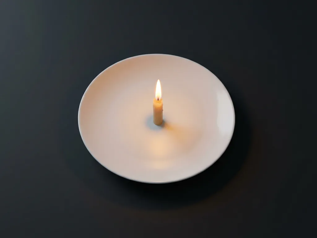 Brandende kaars op wit oppervlak met warme ambergloed tegen donkere achtergrond, minimalistische compositie.