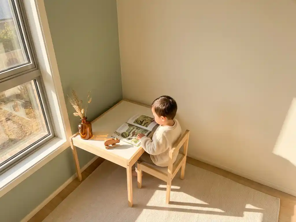 Kind aan houten bureau met open boek en speelgoed in zonnige, minimalistische thuishoek met saliegroen en crèmetinten.