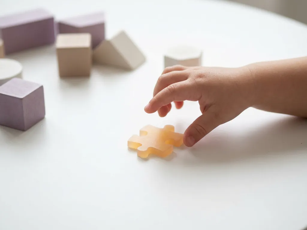 Klein kinderhands dat reikt naar een gloeiend puzzelstukje op wit oppervlak, omgeven door zachte geometrische vormen in amber en lavendel.