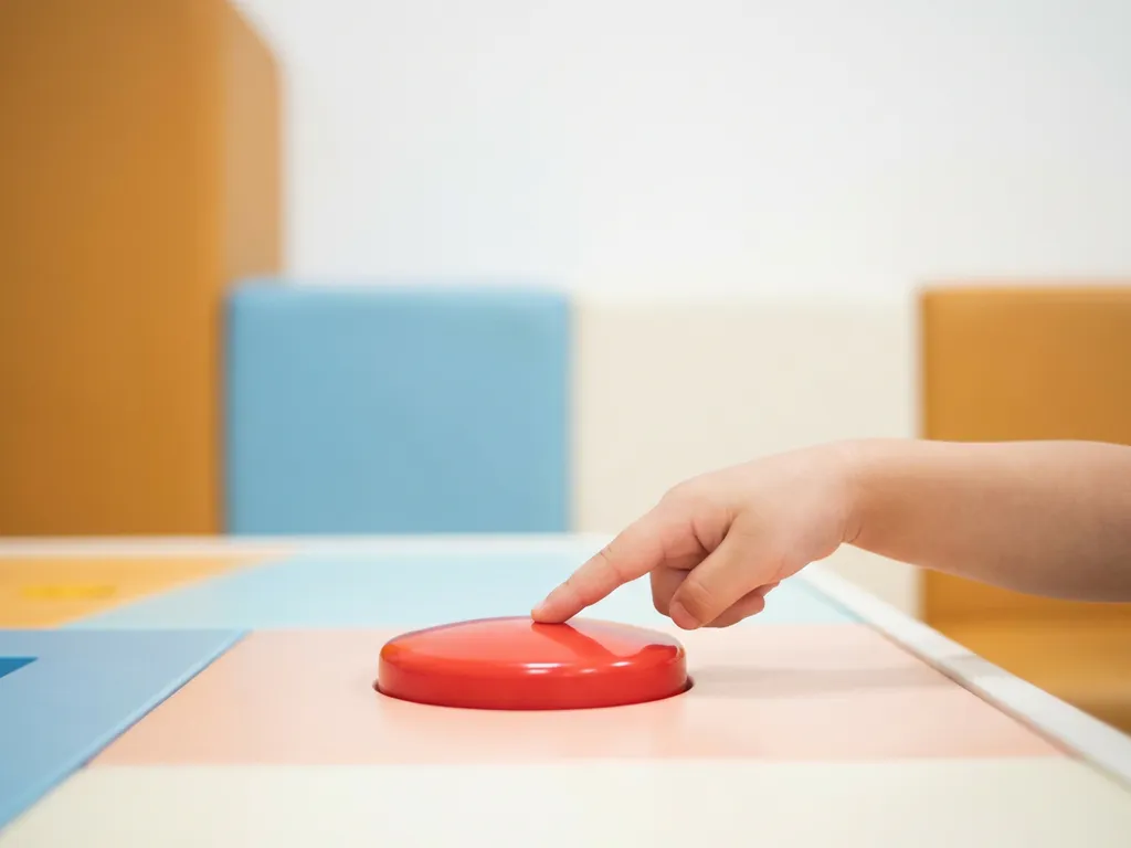 Klein kind dat zijn hand boven een heldere rode knop houdt, bewust pauzend voor het indrukken, op een pastelkleurig speeloppervlak.