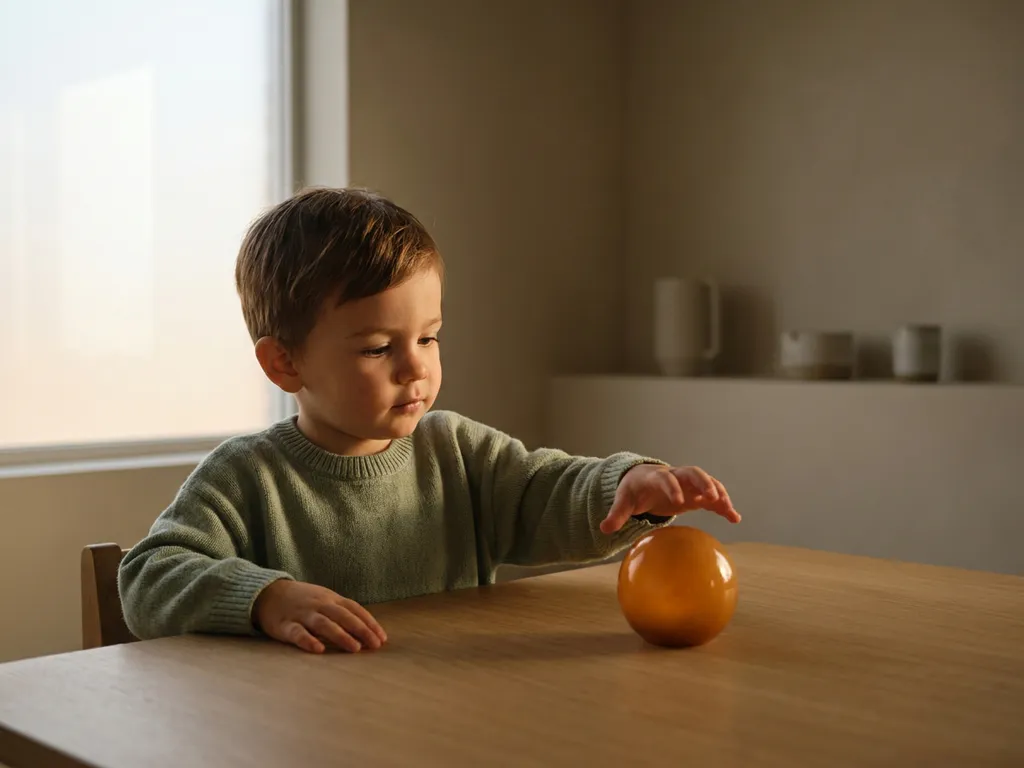 Jong kind aan houten tafel in zacht daglicht, één hand uitgestrekt naar een gloeiend object, rustige minimalistische sfeer.