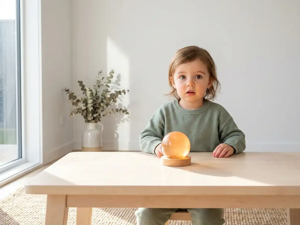 Klein kind aan houten tafel in warm zonlicht, met grote gefocuste ogen gericht op een gloeiend object, minimalistische omgeving.