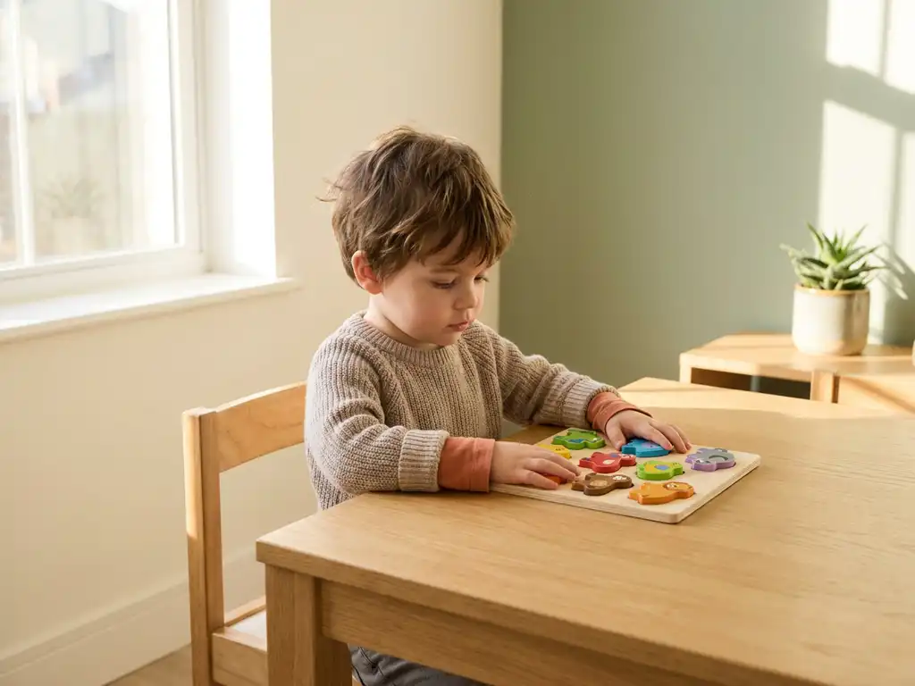 Jong kind aan houten tafel in ochtendlicht, aandachtig bezig met kleurrijke puzzel in minimalistische ruimte met zachte crèmetinten.